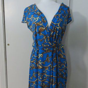 Andrea Behar (Boston Proper) Light Blue, Gold Patterned Dress, Size 8